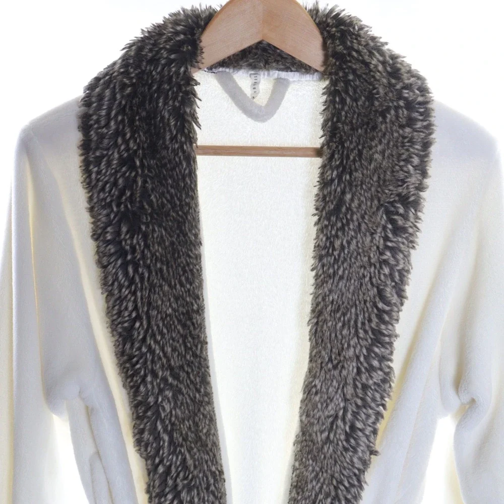 Pottery Barn Ombre Robe White Cream Belted Fauz Fur Collar Trim‎ Size M/L - Picture 4 of 9